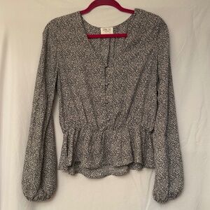 Sienna Sky Black White Speckle Print Peplum Balloon Sleeve Blouse — Size L